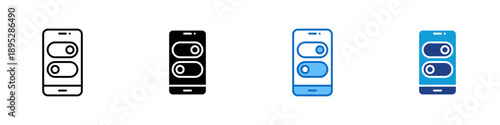 App Settings Multiple Style Icon Design Vector - Smartphone with toggle switches representing mobile preferences, feature control, and user configuration
