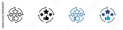 Feedback Loop Multiple Style Icon Design Vector - Thumbs up with stars in circular arrows representing user feedback, rating cycle, and continuous improvement