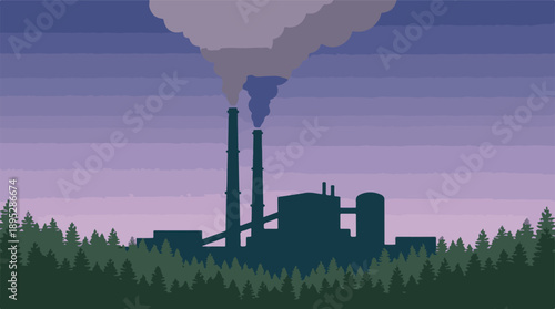 Industrial factory emitting smoke and air pollution over a pine forest at dusk