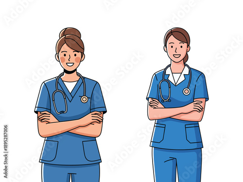 Vector illustration of two professional female nurses wearing blue medical scrubs and stethoscopes