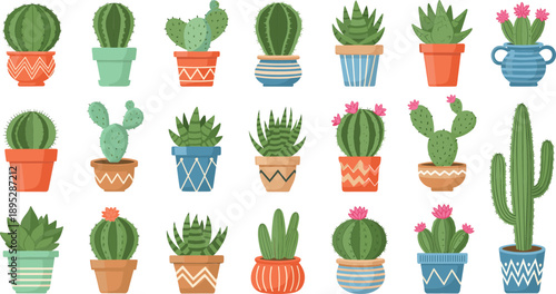 Cartoon cactus and succulent plant vector set in colorful pots with flowers for modern home decor design