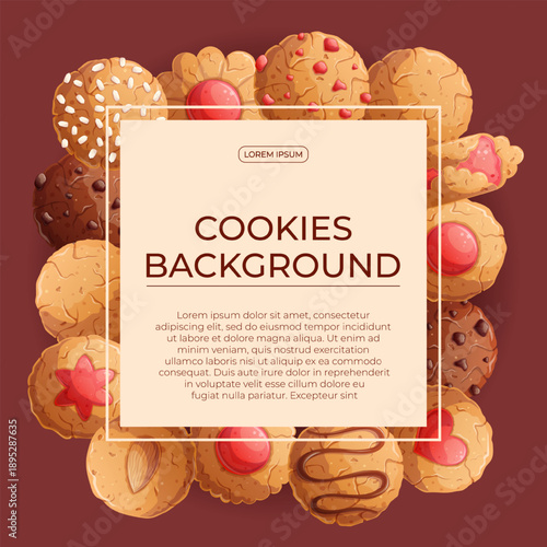 Colorful background with delicious cookies. The concept of confectionery, baking, cooking. Vector illustration for the design of posters, flyers, postcards, invitations