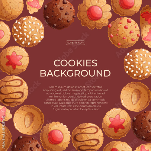 Colorful background with delicious cookies. The concept of confectionery, baking, cooking. Vector illustration for the design of posters, flyers, postcards, invitations
