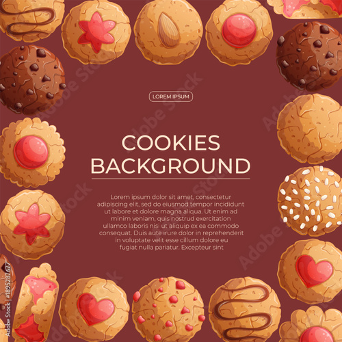 Colorful background with delicious cookies. The concept of confectionery, baking, cooking. Vector illustration for the design of posters, flyers, postcards, invitations