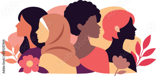 Diverse Women Silhouette Flat Vector Illustration, Female Diversity Concept Modern Minimal Design