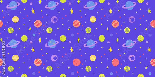 Colorful planets and stars on a vibrant purple background pattern