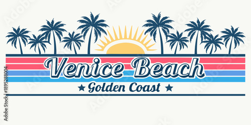Venice beach and golden coast illustration with palm trees and sun