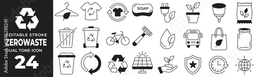 Eco Recycling and Zero Waste Dual tone Icon Set with Reuse, Renewable Energy, Green Nature, Environment, Climate, Plastic Reduction and Sustainable Ecology Symbols Vector