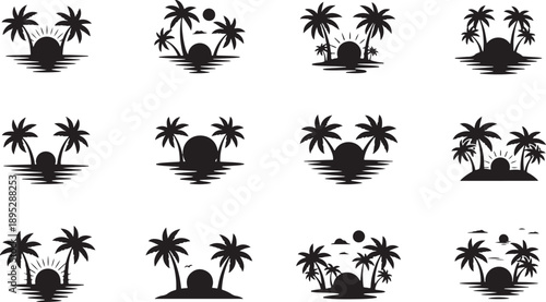 Minimalist Tropical Island Silhouettes with Palm Trees and Sunset Vectors