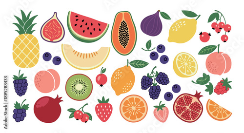 Flat Design Fruit Collection. Tropical and Berry Mix Floating Icons for Healthy Food Packaging and Summer Beverage Menus.