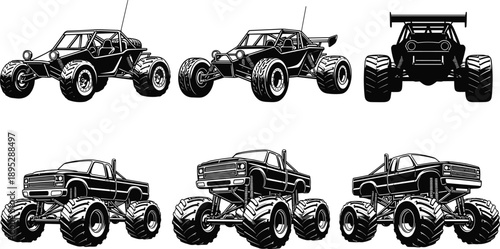 Black and white vector set of monster trucks and off-road buggies with large tires for extreme motorsport and racing concepts.