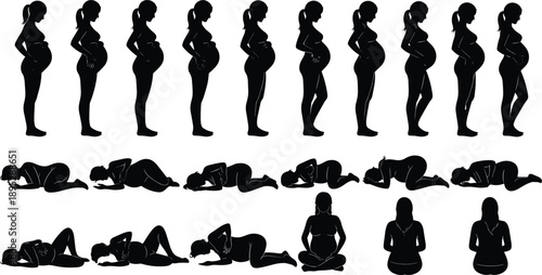 Black silhouette set of pregnant woman in various poses, standing, sitting, kneeling, stretching, and exercising for prenatal health and wellness.