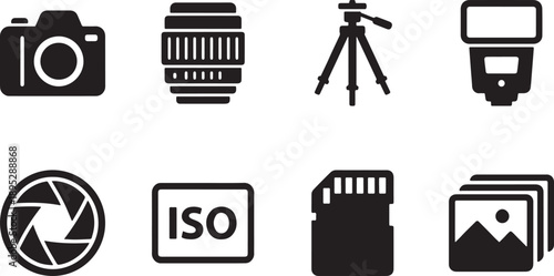 Camera photography equipment icons set flat design vector illustration isolated on white background