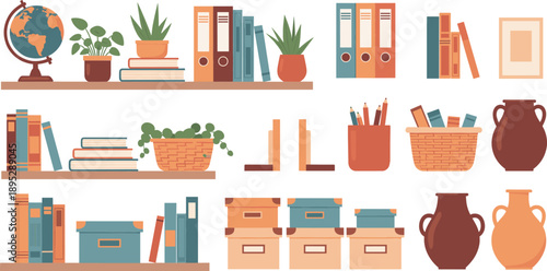 Colorful bookshelf and office shelf decor vector set with books, plants, binders, boxes and workspace accessories