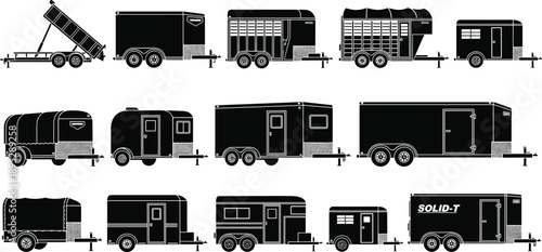 Collection of various black utility trailer silhouettes including dump, horse, cargo, and enclosed transport haulers for logistics and industrial transportation equipment.