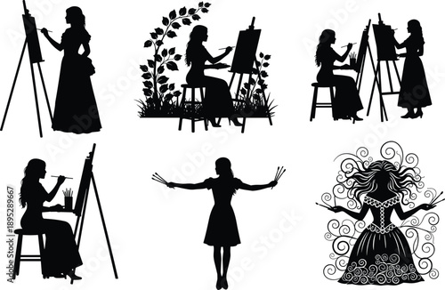 Silhouette collection of elegant female artists painting on easels and holding brushes for creative art, hobby, and historical lifestyle concept