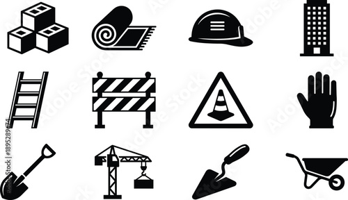 Construction icons set, building tools safety equipment symbols, helmet crane ladder barrier shovel wheelbarrow, black vector illustration isolated on white