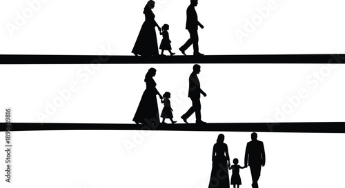 Silhouette of a happy family with parents and a child walking together on a straight horizon line for unity concept.