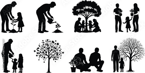 Family planting tree silhouettes, parents and children gardening, watering plants nature vector illustration set.