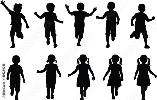 Silhouettes of active children running and playing, happy boys and girls in motion, youthful energy, isolated on a white background