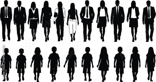 Silhouettes of business people, men, women, and children walking forward, vector illustration for community, family, and future generations concept