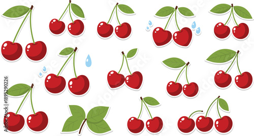Cute cherry sticker vector set with red berries, green leaves and drops for healthy fruit food design