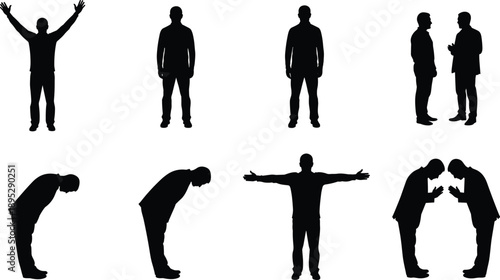 Silhouettes of businessmen in various poses including bowing, cheering, standing, and talking for professional etiquette and global corporate communication concepts.