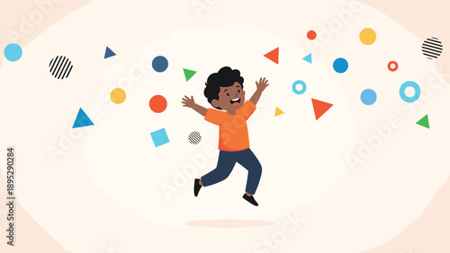 Happy young boy jumping for joy surrounded by various floating colorful geometric shapes like triangles, circles, and squares.