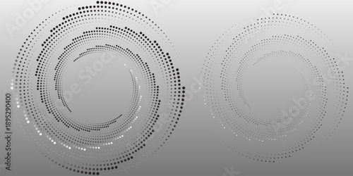 Modern abstract background. Halftone dots in circle form. Spiral logo, icon or design element. Black dots on a white background and white dots on the black side.