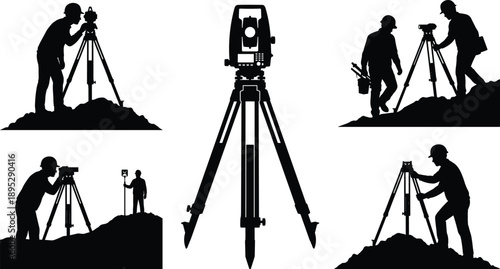 Surveyor silhouettes using total station tripod, land surveying equipment setup, construction measurement fieldwork, black vector figures isolated white background illustration