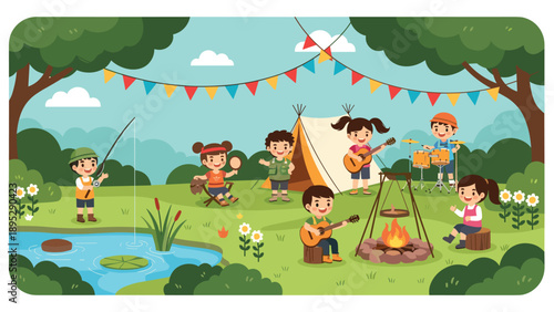 Group of diverse children enjoying various outdoor activities like fishing and playing music at a campsite with a tent.