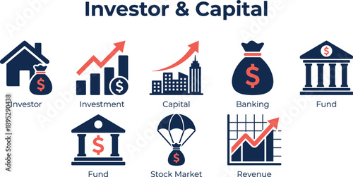 Investor and capital infographic illustrating investment growth, banking, funds, stock market, revenue performance, and financial strategy for business and finance sectors