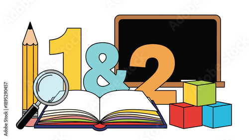 Collection of colorful educational supplies including a pencil, magnifying glass, open book, numbers, and a blackboard for learning.