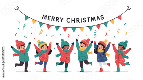 Happy group of children wearing winter clothes and cheering under a festive Merry Christmas banner with colorful confetti and bunting.