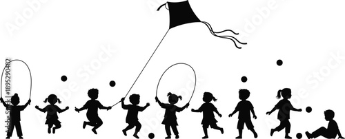 Silhouettes of diverse children playing outdoors with kites, jump ropes, and balls for a happy childhood and active lifestyle concept.
