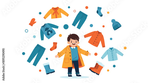 Young boy standing with arms outstretched surrounded by various floating winter garments like sweaters, pants, boots, and accessories.