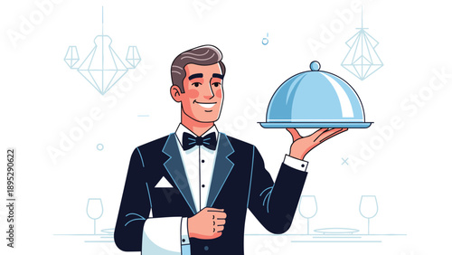 Professional waiter in a formal tuxedo smiling while carrying a silver serving tray with a domed lid in a restaurant setting.