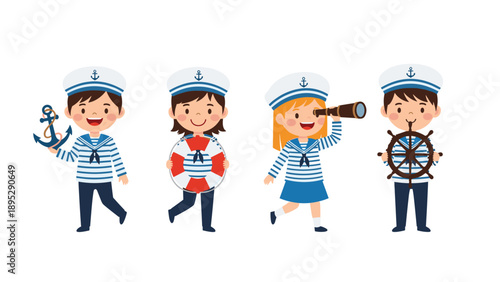 Group of young children dressed as sailors holding nautical items like an anchor, lifebuoy, telescope, and ship wheel.