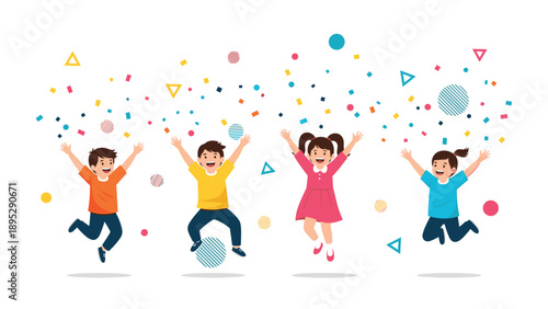 Group of four happy children jumping and cheering amidst a shower of colorful confetti and geometric shapes at a party.