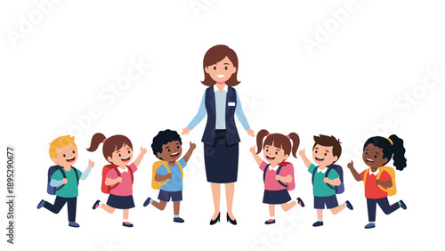 Friendly female teacher standing with a group of diverse young students wearing backpacks ready for their school day.
