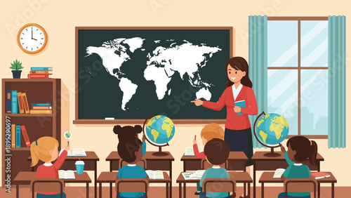 Female teacher conducting a geography lesson in a classroom with a large world map on the chalkboard and globes on desks.