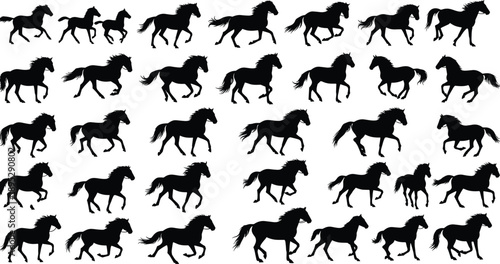 Running horse silhouette collection showing multiple poses and motion isolated on white background for wildlife design, equestrian branding, animal illustration vector set