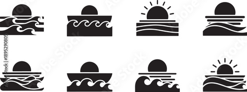 Minimalist Black and White Beach Scenes with Sun and Waves Vector Set