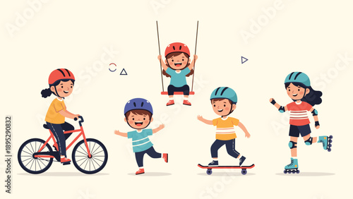 Group of children wearing helmets and engaging in various physical activities like cycling, skateboarding, swinging, and skating.