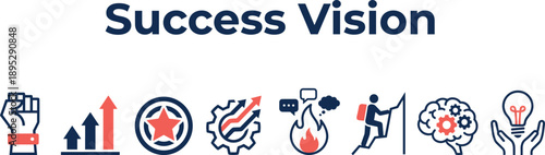 Success vision infographic illustrating goal achievement, growth strategy, motivation, leadership, innovation mindset, problem solving, and sustainable business success