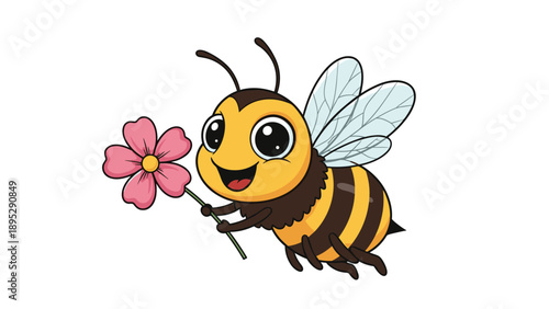 Cute cartoon honeybee with large expressive eyes smiling and carrying a small pink flower against a plain white background.