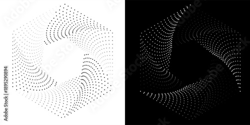 Modern abstract background. Halftone dots in circle form. Spiral logo, icon or design element. Black dots on a white background and white dots on the black side.