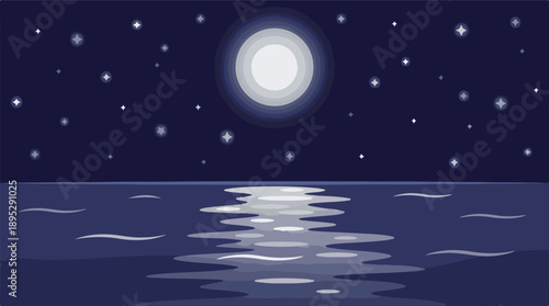 Night sky with full moon, twinkling stars, and moonlight reflecting on water