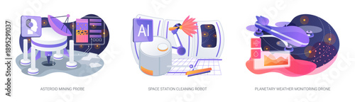 Autonomous Robots for Deep Space Tasks abstract concept vector illustrations.