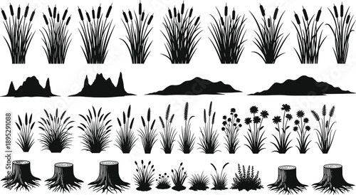 Set of black nature silhouettes featuring grasses reeds bushes hills and tree stumps isolated on white background for landscaping design and vector illustration